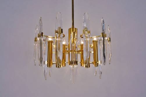 Sciolari brass chandelier with crystals, 9 lights, 1970`s, Italian